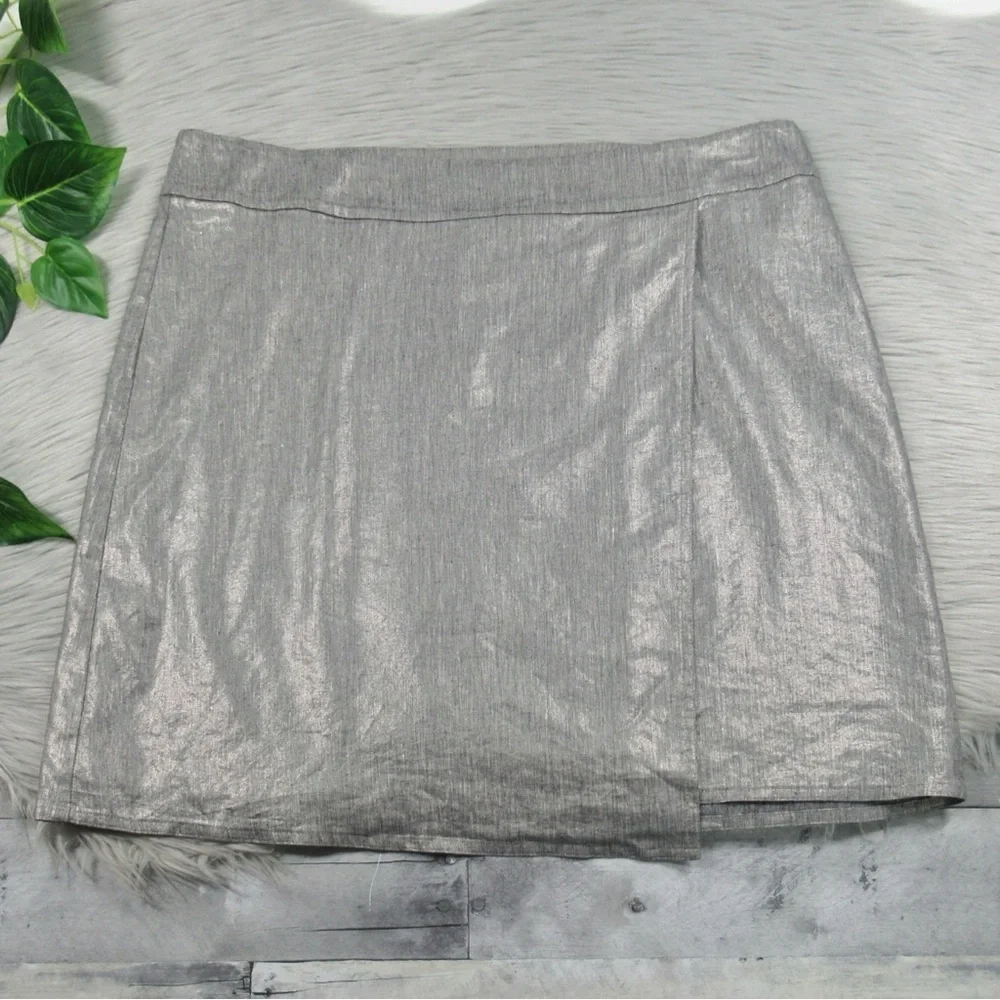 EILEEN FISHER Metallic Linen Faux-Wrap Skirt Silver Gray Women’s Size Large